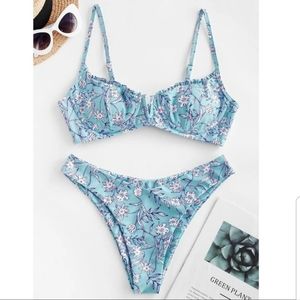 Celeste Blue Floral V-wire Lettuce High Cut Bikini